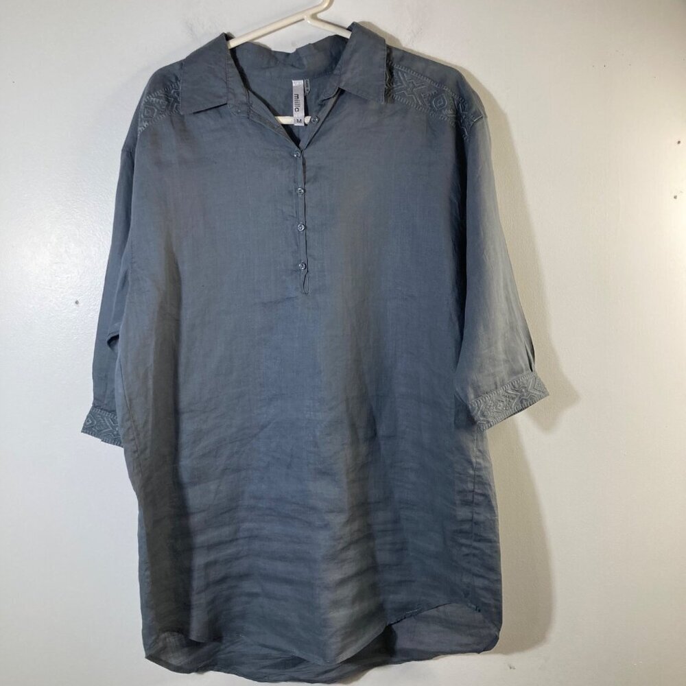 Womens Miilla‎ Linen 1/2 Button Pullover Tunic 3/4 Sleeve Gray M